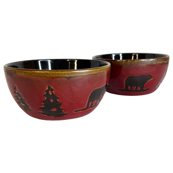 2 Woodland Home Studio Red Ceramic Cereal Bowls Bear & Pine Tree Design Soup - Picture 1 of 12